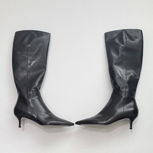 NEW Sergio Rossi Sleek Black Leather Knee High Boots with low 2" heel.
